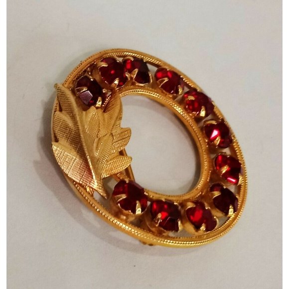 DCE Round Leaves Red Stones Gold Tone 1/20 14 KT GF Vintage Brooch Pin 1" - Picture 2 of 9